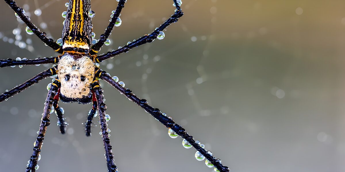 Gelb-schwarze Spinne mit Wassertropfen