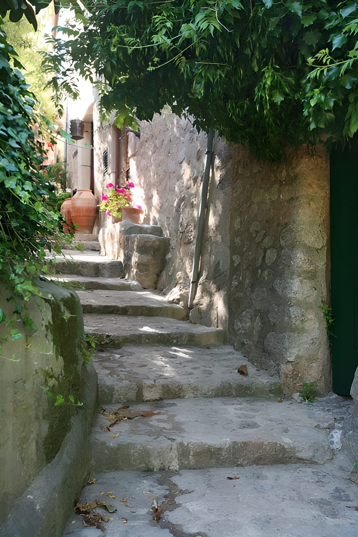 Schmale Steingasse im Blätterschatten