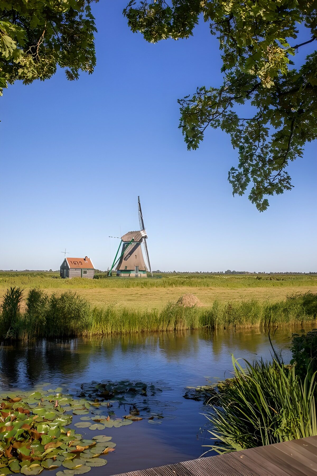 Windmühle und rotes Dach am stillen Kanal