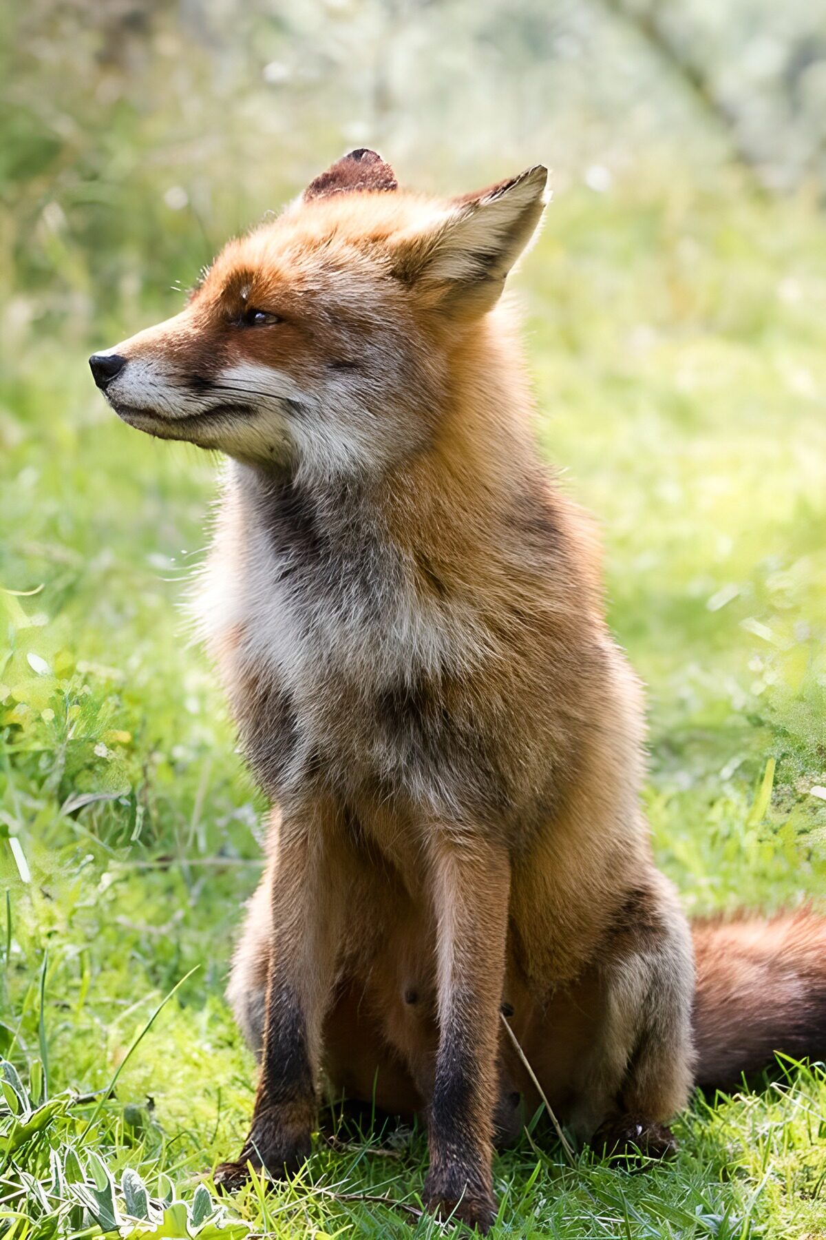 Sitzender Rotfuchs im sonnigen Gras