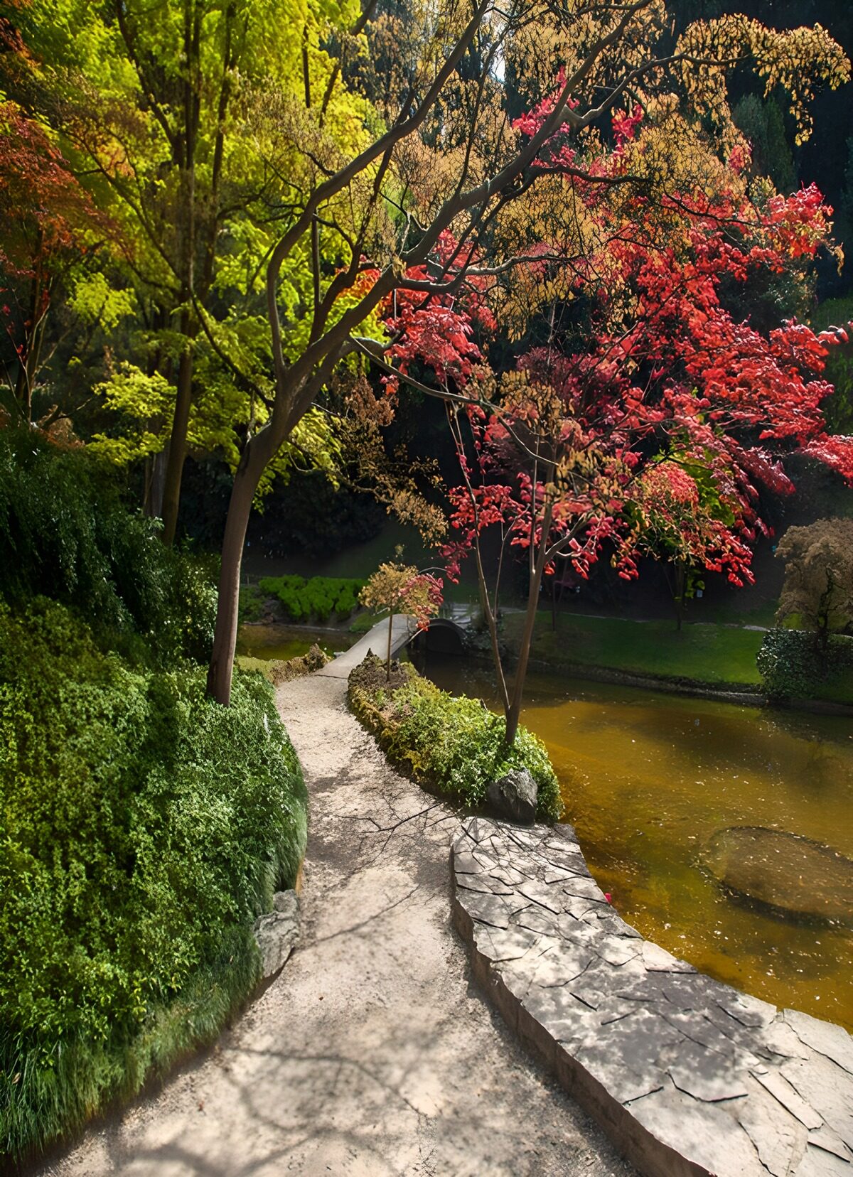 Stiller Gartenweg am Teich mit Brücke